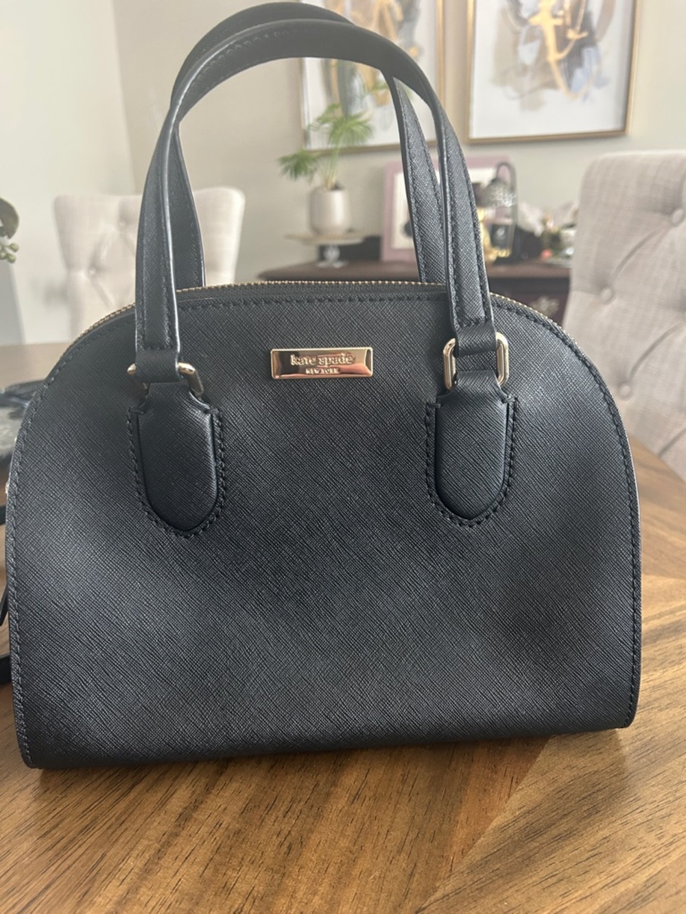 kate spade Black Saffiano Dome Satchel with Gold Plate